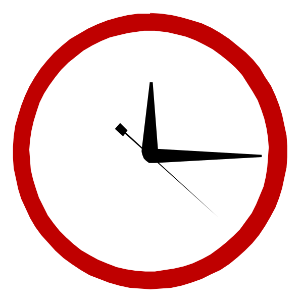 The image shows a round clock with red hands indicating it's 12:05 pm (noon), set against a white background within an oval frame that has been superimposed on another square graphic, possibly representing some sort of iconography due to its shape and color scheme which includes black lines. There is no text or additional context provided in the image itself. The style appears minimalistic with simple shapes used for representation purposes rather than artistic expression.
