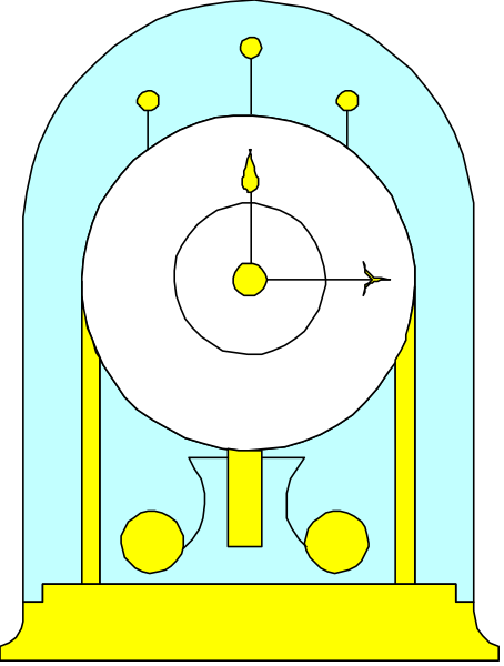 The image shows a cartoon of an old clock with Roman numerals inside what appears to be a glass dome case on top of it.
