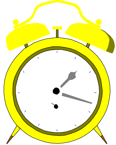 The image shows a yellow alarm clock with black numbers indicating it's 12:05 pm. It has an illuminated face displaying this time. There is no text present in the clip-art illustration, and there appears to be only one object which is the alarm clock itself. No other objects or actions are depicted within the image provided. The setting of the scene seems to focus on a single moment captured by the digital representation of an analogue wall clock with its hands at 12:05 pm. There's no indication of any people, animals,