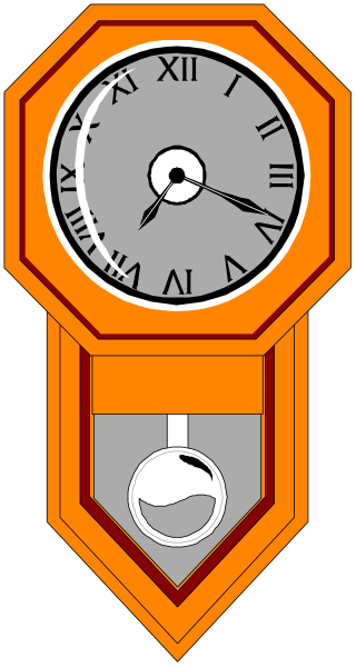 The image shows a digital clock with an orange border on its right side displaying 12:05 pm; above it is another smaller analog clock showing approximately 3 o'clock position but no numbers, and below that there appears to be some sort of badge or emblem featuring what looks like the number "6" in a shield shape. The background has stripes alternating between red and white colors with black borders at top and bottom edges. There is also an icon resembling a key on the right side, just below the digital clock's border.