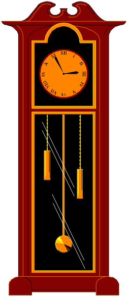The image shows a red grandfather clock with an orange face displaying 10:25 pm; it has two doors on either side of its body, each adorned with pendulums hanging from them and small windows at their top corners showing rain or snowfall outside. There are three visible hands indicating the time in hours (8), minutes (3) and seconds (4). The clock is set against a gray background that provides no additional context about its location within an interior space, such as room size or decoration style.