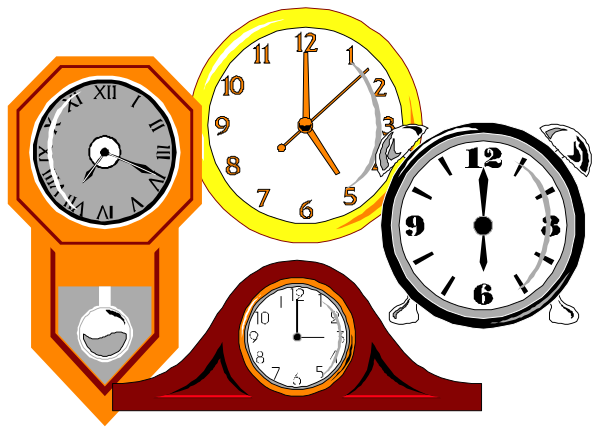 The image shows a collection of clocks with different designs: an analog clock at top left, two digital wall clocks in center right, another analog pendulum-style clock below them on bottom left, and three more small decorative clocks arranged vertically along the lower edge; all set to various times.