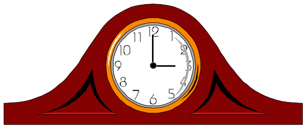The image shows a red clock with white numbers on it placed above an orange bridge that has two arches; to its left is a black wall-mounted alarm clock displaying 10:35, and below them both there's another smaller clock showing 9:27. There are no people or animals in the image. The setting appears to be indoors with plain walls around the clocks.