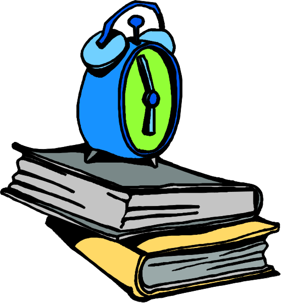 The illustration shows a blue alarm clock with an open book on top of it next to some stacked books, suggesting that someone is about to read while being reminded by the alarm clock.