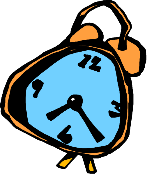 The image shows a cartoon alarm clock with an orange face that has two black hands indicating it's 12:05 pm. It is sitting on top of what appears to be a bedside table, and there is no other significant detail in this small clip-art illustration. There are also some indistinct shapes around the edges which could represent various objects or furniture but they do not provide enough information for me to describe them accurately.