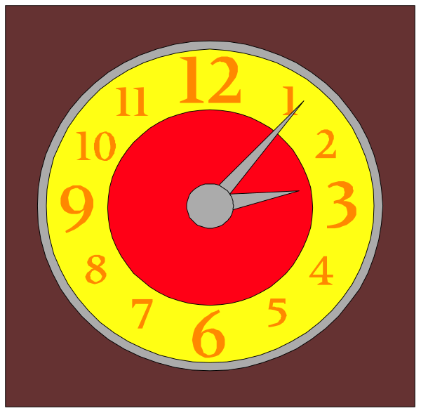 The image shows a cartoon depiction of an alarm clock with red numbers on its face indicating it's 12:05 pm (noon), set against a brown background that resembles wood paneling, and there is no text present in this clip-art style illustration. There are also two smaller images within the main image; one shows another similar alarm clock with red numbers at its bottom right corner indicating it's 12:05 pm (noon), set against a white background that resembles paper, and there is no text present in this clip-