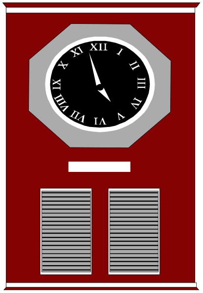 The image shows a red clock with white numbers on it inside an enclosed space that resembles a small room or booth, which is outlined by black lines to represent its boundaries; there's also some text and what appears to be ventilation grates at the bottom of this structure.