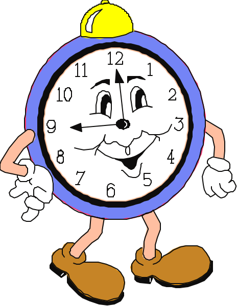 The image features a cartoon character resembling Mickey Mouse standing next to an analog clock with hands indicating it's 10:25 AM; there is no text present in this clip-art illustration, and both objects appear stationary without any actions taking place within the frame. There are also two small black dots on either side of the image that could be interpreted as eyes or other features but do not have a clear function based solely on their size relative to each object; they may represent facial details such as pupils, eyebrows, etc., which is common in cart