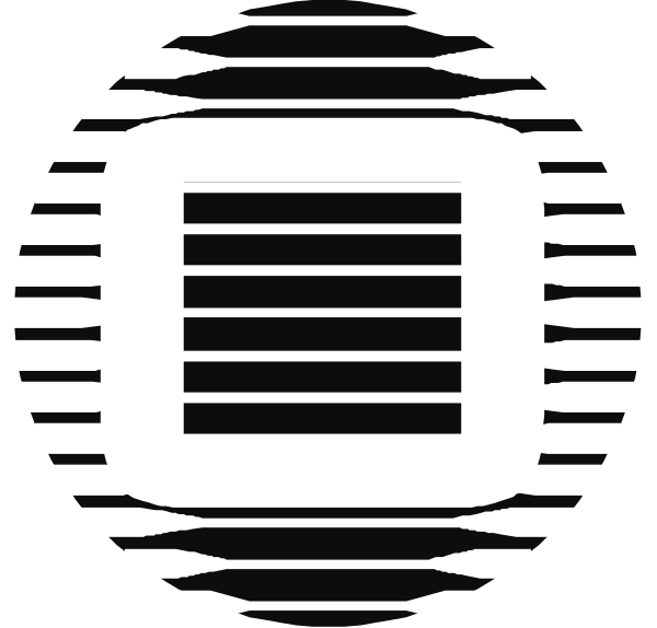 The image shows a black and white logo with abstract shapes resembling gears within an oval frame that has lines radiating from its center to form concentric circles around it; there is no text present in this clip-art graphic.