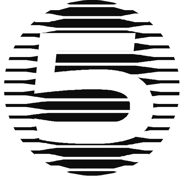 The image shows a logo with text that reads "5" on top of an abstract design resembling waves or lines in black against white backgrounds.