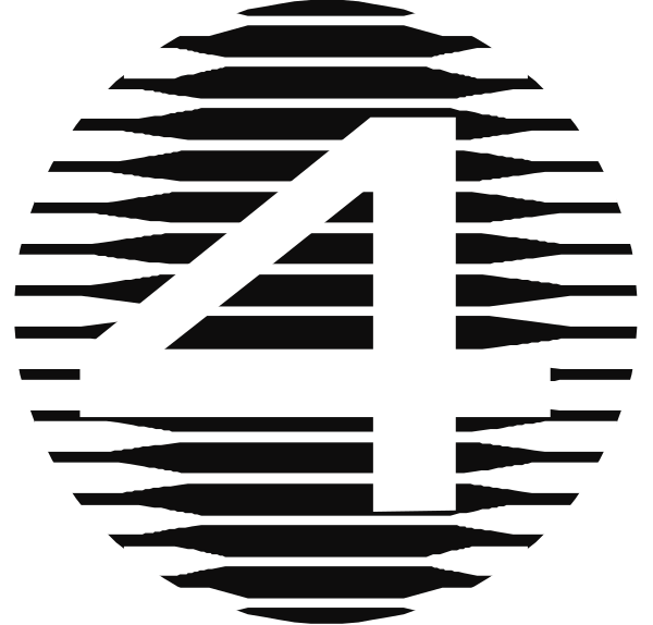 The image shows a logo with stylized text that reads "4" inside of what appears to be an abstract design resembling waves or lines radiating outward from each other in black on white background, suggesting motion and connectivity.