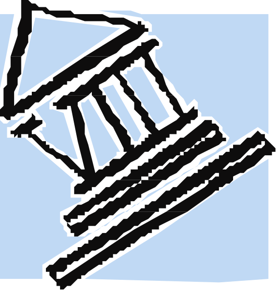 The image shows a sequence of three different symbols: on top left there's an icon depicting two gears; in the middle right it features a building with columns; at bottom center is another gear symbol, but this one has been altered to include what appears to be a key or lock.