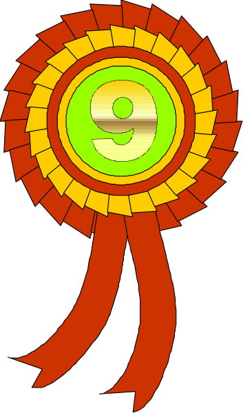 The image shows a stylized graphic of an award ribbon with a circular emblem at its center featuring what appears to be a smiley face design within it; above this central figure is another smaller circle, and below them both there's a red banner-like element that resembles the top part of a medal or trophy. The background consists of two shades: one darker on either side with an abstract pattern in yellow hues near where the ribbon would be attached to something else; this central area is lighter and has no distinct features, giving it a blank