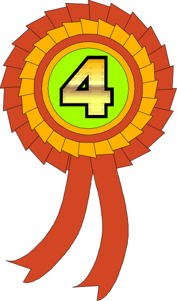 The image shows a colorful ribbon with an award medal on it that has "4" written on its centerpiece in green text inside of a yellow circle surrounded by red stars.