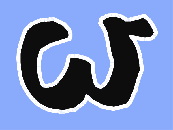 The image shows a black letter "W" on top of another object that appears to be an abstract representation of something with two arms extending outward from either side; it's set against a blue background which could suggest water, sky, or simply color for contrast purposes.