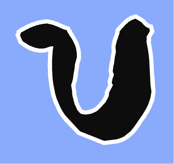 The image shows a black letter "u" on top of an abstract blue background with some white speckles that resemble stars in space.
