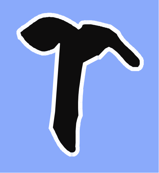 The image shows a black silhouette of an object that resembles a stylized letter 'T' on top right corner against blue background with white border at bottom left corner.