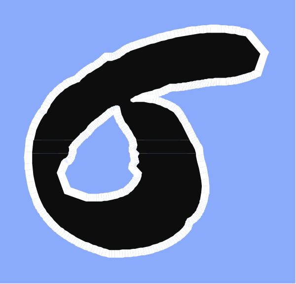 The image shows a black number six with an irregular outline on top of what appears to be blue background.