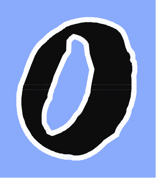 The image shows a simple black circle with an oval shape inside it on top of what appears to be blue fabric against a grey background.