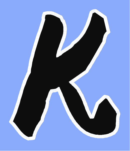 The letter "K" with a black outline on top of two stripes that resemble an American flag background is shown in this image.