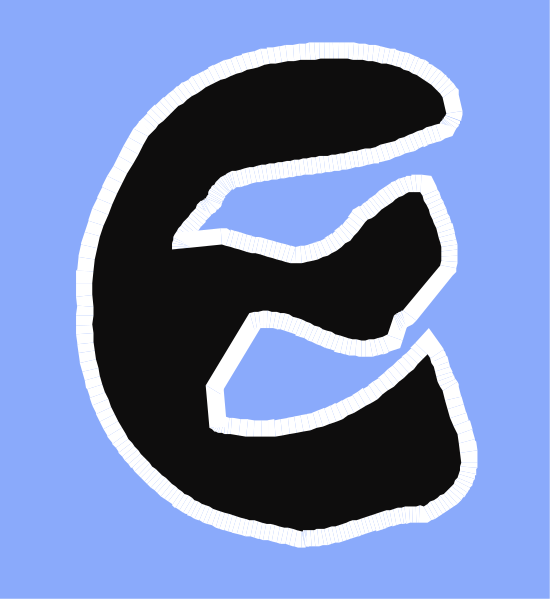 The image shows a stylized letter "E" with two vertical lines through it on top of a blue background.