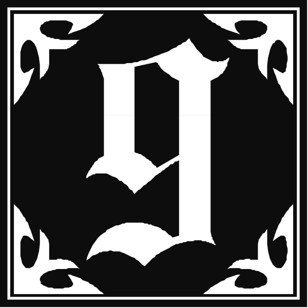 The image shows a black and white graphic with two distinct designs: on top is an intricate pattern featuring what appears to be stylized lettering resembling gothic script; below it is another design that includes a large, bold capital "V" inside a decorative border or frame.