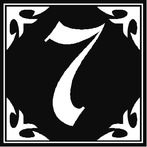 The black and white logo of a number seven with an intricate design around it is shown against two different backgrounds: on top left corner in monochrome color scheme; bottom right corner also in monochromatic tone, but slightly darker than its counterpart above.