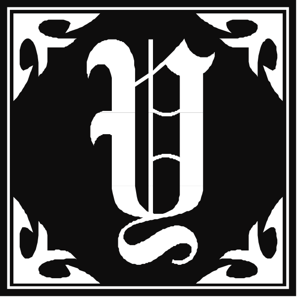 The image shows a black and white logo with an intricate design featuring what appears to be stylized lettering resembling calligraphy within decorative borders that include floral elements.