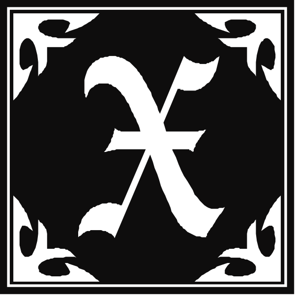 The image shows a black and white pattern with two distinct designs: on top is an intricate geometric design featuring interlocking shapes; below it is another monogram-like symbol that resembles a stylized letter 'x' within a square border, which could be interpreted as the logo of a brand or organization.