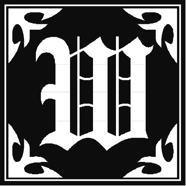 The image shows a black and white logo with two distinct designs: on top is an intricate pattern featuring what appears to be stylized lettering within decorative borders; below it is another design that resembles a shield, also in monochrome but without any visible text or patterns inside.