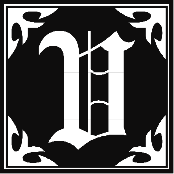 The image shows a black and white logo with two distinct designs: on top is an intricate pattern featuring what appears to be stylized lettering within decorative borders; below it is another design that includes a number "1" in large font, flanked by smaller text elements resembling musical notes.