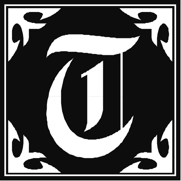 The black and white logo of a newspaper with its masthead design featuring decorative elements around it.