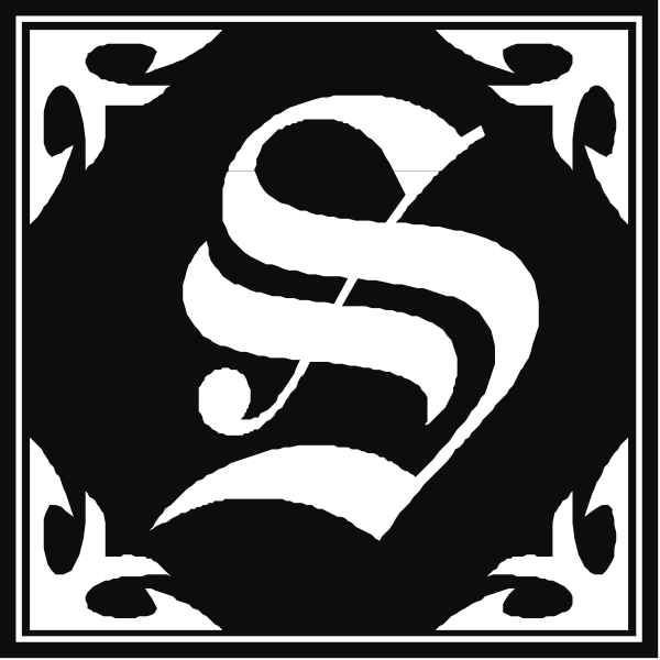 The image shows a black and white logo with an intricate design featuring two intertwined letters "S" and "P".