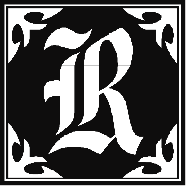 The image shows a black and white logo with two distinct designs featuring stylized letter "R" within decorative borders that resemble traditional monograms often used for branding purposes.