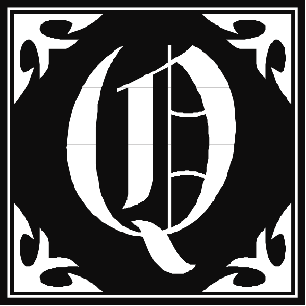 The image shows a black and white logo with two distinct designs: on top is an emblem featuring musical notes around a central letter 'Q', suggesting it could be related to music; below that is another design, which appears to represent letters in reverse order (from right-to-left), possibly indicating the name of something or someone. The style suggests this might be part of branding for a company named "Qu".