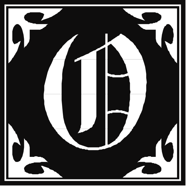 The image shows a black and white logo with two distinct designs featuring an "O" shape within decorative borders that resemble stylized lettering.