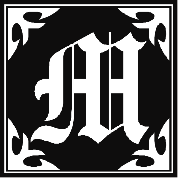 The image shows a black and white logo with an intricate design featuring what appears to be initials "H" within another letter 'M'.