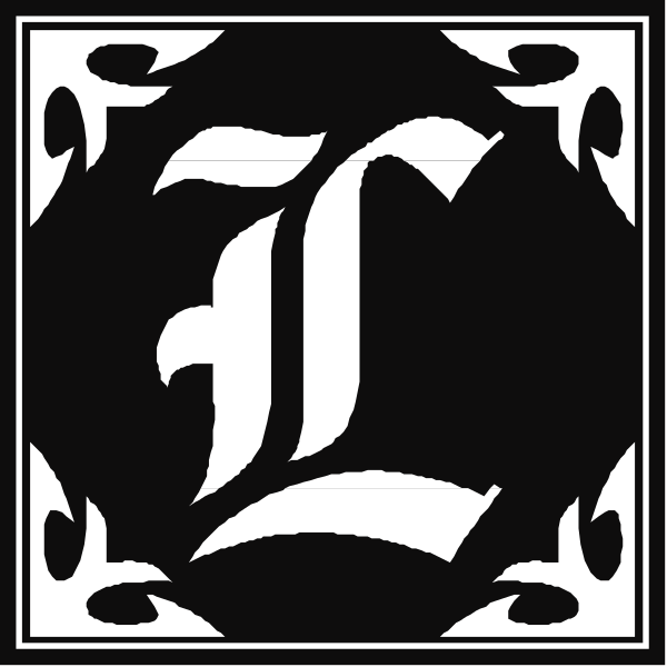 The image shows a black and white logo with stylized lettering that resembles an emblem of some sort.