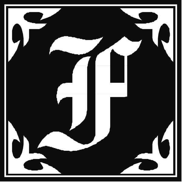 The image shows a black and white logo with two distinct designs featuring stylized lettering that resembles handwriting within decorative borders.