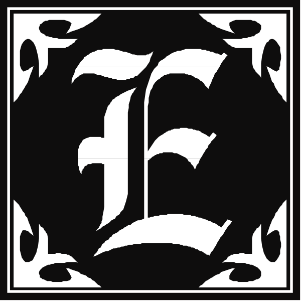 The image shows a black and white logo with two distinct designs: on top is an intricate pattern featuring what appears to be stylized lettering within decorative borders; below it is another design that includes a large, bold capital "E" in a serif font inside a circular frame or emblem.