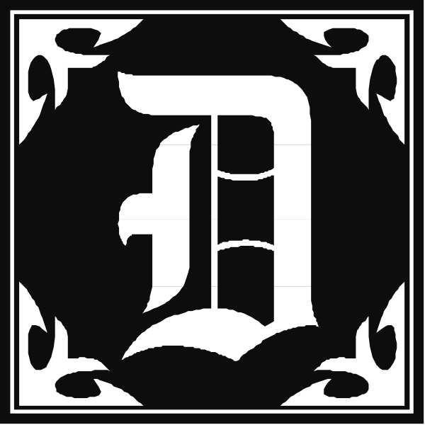 The black and white logo of a company with an emblem that resembles a shield containing stylized lettering "D" inside it on top left corner.