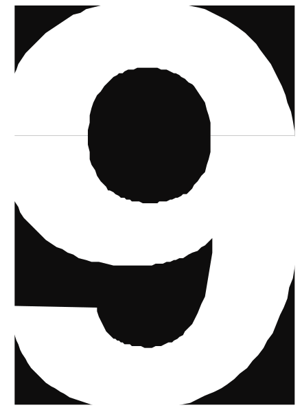 The number "9" with a magnifying glass over it on top of what appears to be an ice cream cone shape in black ink against white background.