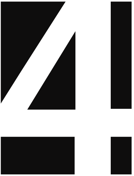 The number four with a white background on top of another surface that appears to be black but is actually gray due to lighting conditions in this image.