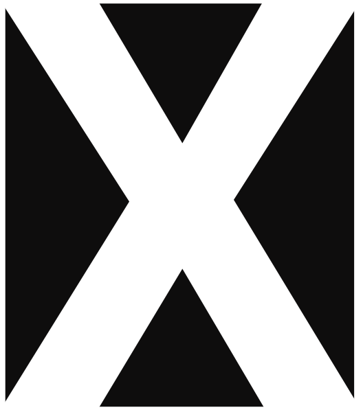 The image shows a black X with white lines on it against a gray background.