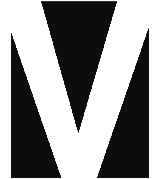 The image shows a stylized letter "V" with an abstract design inside it against a black background.