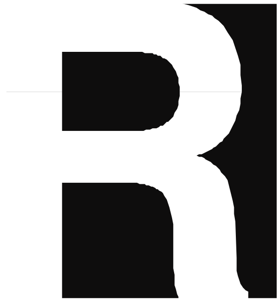 The image shows a black letter "R" with an arrow pointing to it from above on its right side.