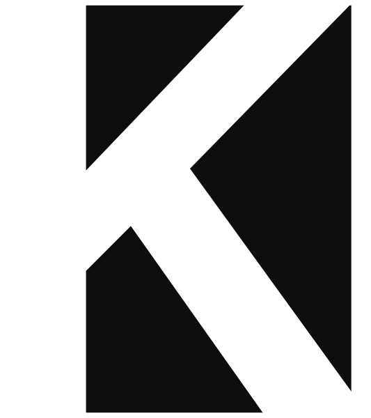 The letter "k" on a black background with white outlines of other letters around it forming an abstract design resembling a stylized font logo.