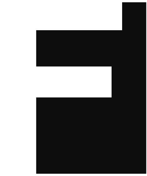 The image shows a black and white pixelated representation of two overlapping letters "F" with an arrow pointing to it from above left corner indicating directionality or movement towards that letter.