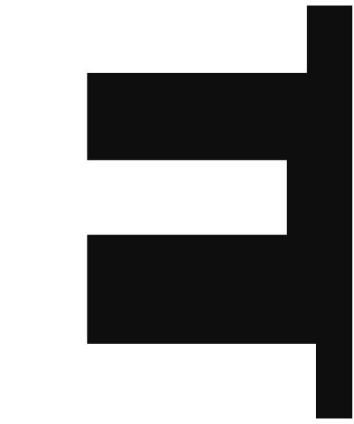 The image shows a black and white pixelated representation of an abstract design with geometric shapes that resemble letters "E" and "F".