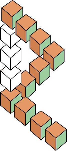 The image shows a digital illustration of an abstract structure composed of multiple cubes with varying shades of brown on each side; it appears to be in motion as if falling downwards from left to right against a dark background, creating a sense of depth and perspective due to its three-dimensional nature.